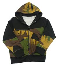 Černo-hnědo-khaki propínací mikina se vzorem a kapucí