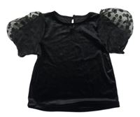 Černé sametové triko s organzovými puntíkatými rukávy Dunnes