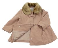 Starorůžový flaušový podšitý kabát s kožešinou a mašlemi F&F