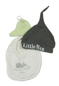 2set - Tmavošedá melírovaná bavlněná čepice s nápisem + bílý puntíkatý slinták s velrybami