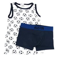 2set - Bílý nátělník s fotbalovými míči + tmavomodré boxerky