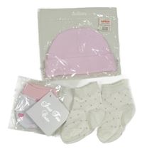 3set - Růžová bavlněná čepice + smetanové kárované ponožky + bílé rukavičky s obrázky