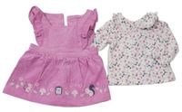 2set - Růžové manšestrové šaty se zvířaty + bílé květované triko s límečkem Dunnes