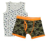 2 set - Khaki army boxerky + bílý nátělník s bagry 
