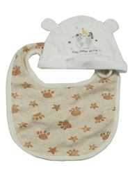 2 set - bílá čepice s obrázkem + hnědý bryndák s tlapkami 