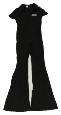 Černý úpletový kalhotový flare overal s nášivkou a límečkem shein