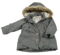 Tmavošedá šusťáková zateplená bunda s kapucí s kožešinou Topomini