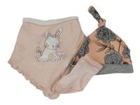 3set - Růžovo-šedá květovaná čepice + růžovo-bílé pruhované ponožky + světlerůžový slinták s králíčkem a volánky 