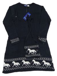 Nové - 2set - Tmavomodré pletené šaty s koníky + kabelka s koníkem Lupilu