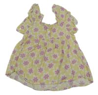 Žluto-bílo-růžový květovaný žebrovaný top s volánky Tu