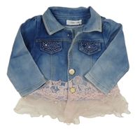 Světlemodro-růžová riflová tepláková bunda s kamínky a světlerůžovou krajkou 