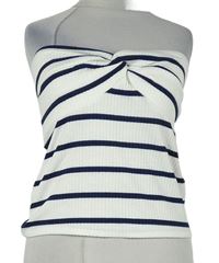 Dámský tmavomodro-bílý pruhovaný žebrovaný crop top bez ramínek zn. River Island 