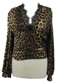 Dámské hnědo-černé leopardí crop triko s krajkou Shein 