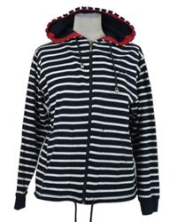 Dámská tmavomodro-bílá pruhovaná propínací mikina s kapucí 