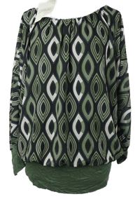 Nové - Dámská khaki-smetanovo-černá vzorovaná balonová halenka 