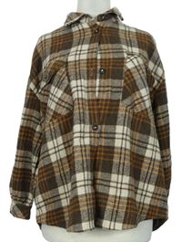 Dámská hnědo-béžová kostkovaná vlněná košilová bunda 