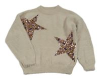 Béžový chlupatý svetr s hvězdami z flitrů F&F