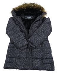 Tmavomodrý šusťákový zimní kabát a leopardím vzorem a kapucí Next