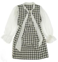 Smetanovo-černé kostkované šaty s šifonovými rukávy a vázankou Moda 