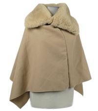 Dámské béžové flaušové pončo s kožešinovým límcem