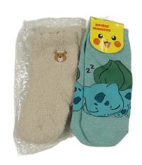 Nové - 2x ponožky - béžové chlupaté s medvídkem + modrozelené - Pokémon
