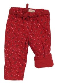 Malinové květované plátěné podšité kalhoty 