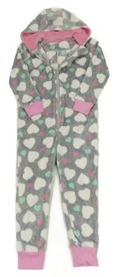 Šedá chlupatá kombinéza se srdíčky a kapucí 