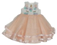 Bílo-lososové tylové slavnostní šaty s kytičikami