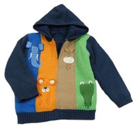 Tmavomodro-barevný propínací svetr se zvířaty a kapucí Nutmeg