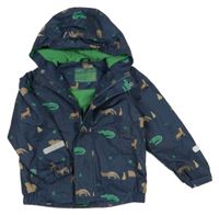 Tmavomodrá šusťáková jarní bunda s dinosaury a kapucí Pocopiano