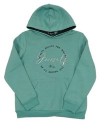 Mátová mikina s nápisy a kapucí Target 