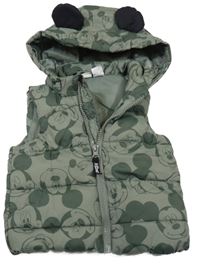 Khaki šusťáková zateplená vesta s Mickeym a kapucí H&M