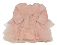 Světlerůžové plyšovo/tylové šaty s mašlí a třpytivými puntíky Mayoral