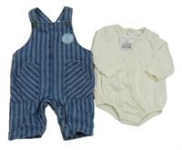 Nové - 2Set - Modré pruhované melírované laclové kalhoty riflového vzhledu + smetanové body Next