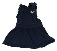 Tmavomodré teplákové riflové šaty s motýlkem a volánkem TQF