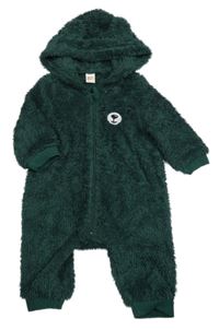 Tmavozelená huňatá kombinéza s medvídkem a kapucí s oušky Cozy Pixies