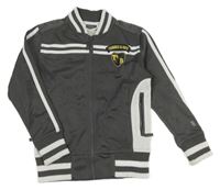 Tmavošedo-bílá propínací sportovní mikina s nášivkou a pruhy a číslem TUMBLE 'N DRY