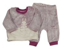 2set - Vínovo-bílá chlupatá mikina se zajíčkem + kalhoty Ergee