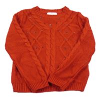 Červený vzorovaný pletený svetr s korálky a hvězdičkami M&S