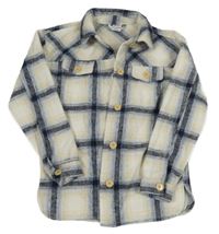 Bílo-béžovo-modro-tmavomodrá kostkovaná vlněná košilová bunda Y.F.K.