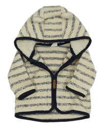 Smetanovo-tmavomodrá pruhovaná melírovaná pletená propínací mikina s kapucí s oušky H&M