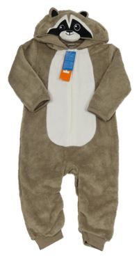 Nové - šedohnědo-bílá plyšová kombinéza s kapucí - mýval Smile 