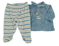 2Set - Modrá sametová mikina s pejskem a límečkem + pruhované polodupky Blu Kids
