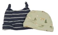 2x - Čepice - Tmavomodro/bílá pruhovaná Topomini, světlekhaki prošívaná s liškami a stromy Pekkle