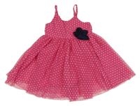 Tmavorůžovo-bílé puntíkaté tylové letní šaty s 3D květem H&M