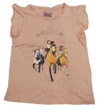 Pudrové tričko s koníky a dívkami a nápisy a volánky C&A