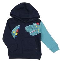 Tmavomodro-modrá mikina s dinosaurem a kapsou a kapucí George