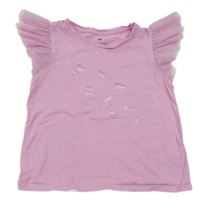 Růžové crop tričko s motýlky a tylovými volánky H&M