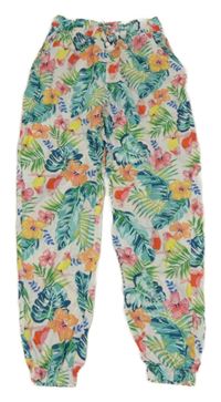 Bílé cuff lehké kalhoty s papoušky a lístečky H&M