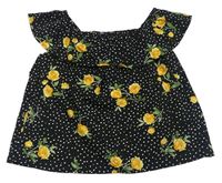 Černá puntíkatá crop halenka s květy a volánem Primark